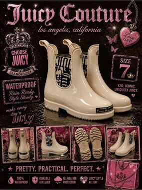 Juicy Couture Cream and Black Logo Detail Rain Chelsea Boots